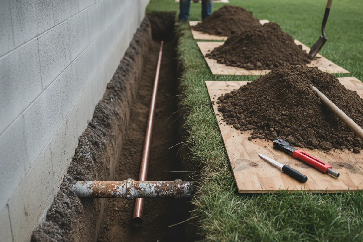 Excavated water line trench during Water Softener Installation in Glen Flora